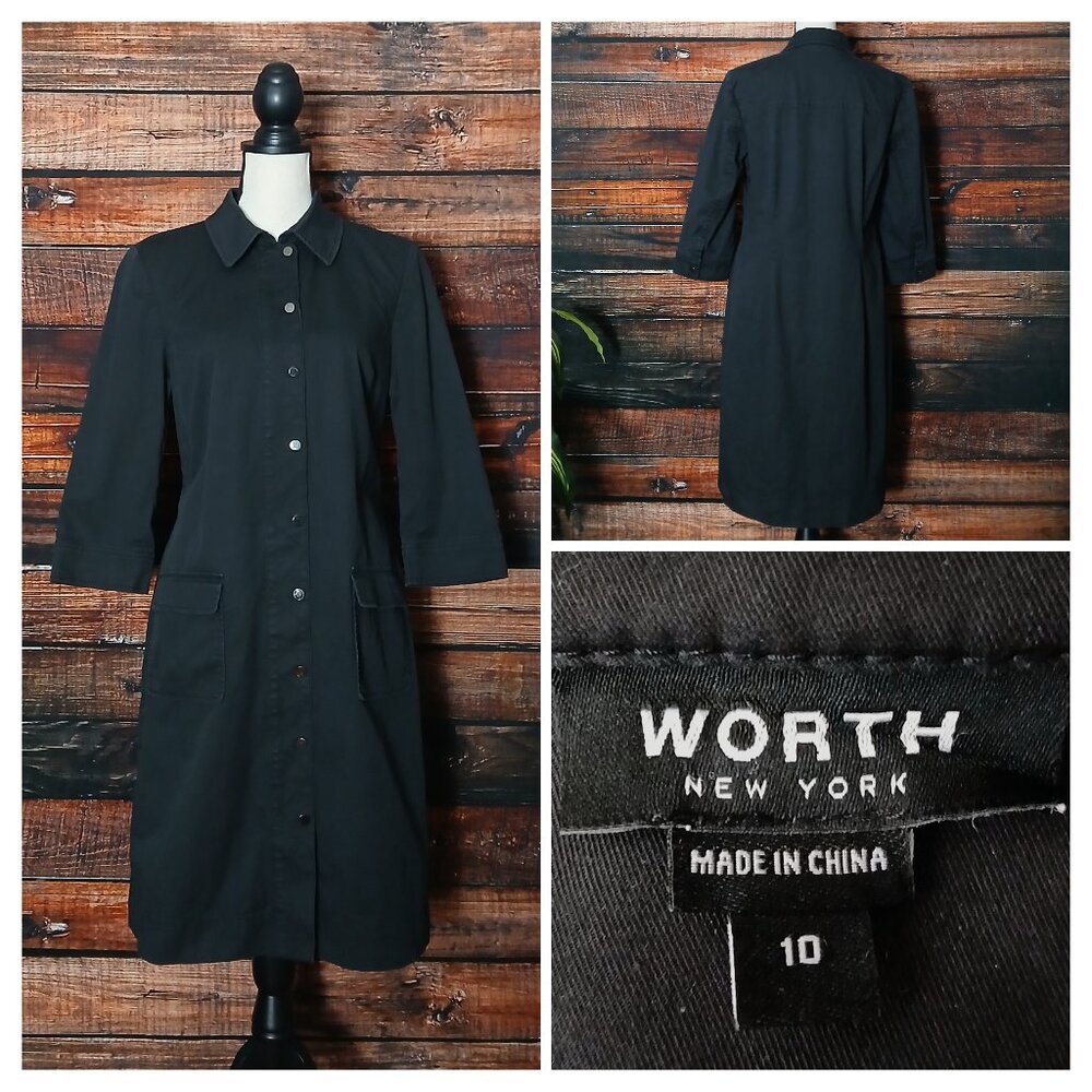 Worth New York Shirt Dress 10 Black Snap Front Cargo Pocket 3/4 Sleeve Cotton